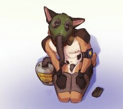 anthro asphyxiation bdsm breath_play canid canine canis chastity_cage chastity_device collar domestic_dog english_text fur gas_mask gas_tank german_shepherd herding_dog hi_res male mammal mask pastoral_dog shock_collar solo submissive submissive_male text vyvs