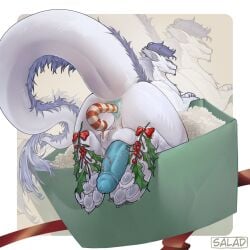 1:1 anal anal_penetration anus balls big_penis blue_anus blue_body blue_eyes blue_fur blue_mane blue_penis butt candy candy_cane candy_cane_in_ass dessert dragon erection feral food fur furred_dragon furred_scalie genitals hi_res humanoid_genitalia humanoid_penis lilisalad looking_at_viewer male mane mythological_creature mythological_scalie mythology pawpads penetration penis presenting presenting_anus scalie solo teeth white_body white_fur white_pawpads