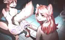 16:10 anthro anus bathroom big_butt blue_eyes bodily_fluids body_writing butt camera_flash camera_view canid canine canis celica_(lialone) clothing colored_nails crouching degradation domestic_cat domestic_dog duo embarrassed eyebrows eyelashes feet felid feline felis female fingers fluffy fluffy_tail fur genital_fluids genitals green_eyes hair hi_res highlights_(coloring) humiliation inner_ear_fluff kate_(lialone) lialone long_hair looking_at_viewer mammal marker multicolored_body multicolored_fur nails nude open_mouth pawpads paws pink_hair pink_highlights pink_nose public public_exposure public_nudity public_restroom public_use shy smile smiling_at_viewer smirk sweater tail teeth thick_thighs toilet topwear tuft turtleneck vaginal_fluids vulva white_body white_fur widescreen