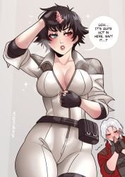 1boy 1girls black_hair blush bodysuit capcom cleavage dangerousbride dante_(devil_may_cry) devil_may_cry devil_may_cry_(netflix) dialogue english_text female fingerless_gloves gloves green_eyes heterochromia inner_sideboob lady_(devil_may_cry) lady_(devil_may_cry:netflix) male red_eyes sparkles speech_bubble text tight_clothing unzipping very_high_resolution white_hair