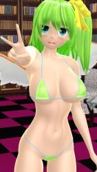 2025 3d big_breasts bikini blue-eyed_female blush books breasts clavicle cleavage daiyousei fairy female female_only green-haired_female green_bikini hati_yukkuri_mmd hips indoors library light-skinned_female long-haired_female looking_at_viewer midriff mikumikudance mmd navel one_arm_raised open_mouth peace_sign swimsuit tied_hair touhou waist yellow_bow