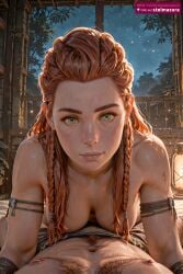 ai_generated ai_assisted aloy horizon_zero_dawn horizon_forbidden_west 1girl long_hair breasts looking_at_viewer smile 1boy navel medium_breasts nipples green_eyes braid hetero sky solo_focus orange_hair twin_braids lips pubic_hair night pov topless abs thick_eyebrows girl_on_top star_(sky) forehead armlet starry_sky freckles bulge lantern realistic nose hanging_breasts dirty chest_hair body_freckles