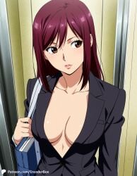 1girls ai_generated casual casual_nudity encoder female partially_clothed partially_nude public office office_lady office_clothing cleavage braless no_bra standing indoors business_suit bag handbag breasts
