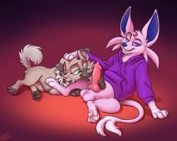 5:4 animal_genitalia animal_penis arm_support balls bodily_fluids bottomless bottomless_male brown_pawpads canine_genitalia canine_penis clothed clothing colored digital_drawing_(artwork) digital_media_(artwork) duo eeveelution erection espeon fan_character fangs female feral feral_on_feral floppy_ears forehead_gem forked_tail gem generation_2_pokemon generation_7_pokemon genitals half-closed_eyes holding_another's_penis holding_penis hoodie hoodie_only knot knotted_penis licking looking_at_another looking_at_genitalia looking_at_penis lying male male/female mimi-fox narrowed_eyes nintendo nude nude_female oral pawpads paws penile penis penis_lick pink_pawpads pokemon pokemon_(species) purple_clothing purple_hoodie purple_topwear quadruped rockruff saliva sex shaded sitting smile snout tail teeth tongue topwear topwear_only unusual_anatomy unusual_tail