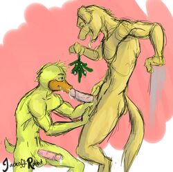 anthro avian canine duck jackoffrabbit kneeling male mammal oral yaoi