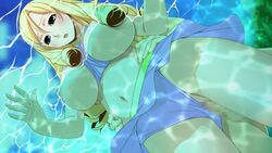 1boy bikini blonde_hair blue_eyes blush breasts censored drill_hair dutch_angle female game_cg hair_ornament hand_on_another's_hip ino kareshi_inai_reki_=_nenrei kujou_ruri large_breasts long_hair mosaic_censoring narushima_natsuki navel nipples open_mouth partially_submerged penis purple_bikini sex sky swimsuit vaginal_penetration water