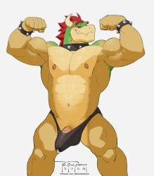1boy abs anthro bara biceps black_male_underwear blush bonfiredemon bowser bracelet bulge closed_eyes closed_mouth collar commentary covered_testicles dated english_commentary erection erection_under_clothes flexing furry furry_male furry_only highres horns jewelry koopa male male_nipples male_only male_underwear mario_(series) mature mature_male muscular muscular_male navel nintendo nipples pectorals penis penis_peek precum precum_through_clothes red_hair reptile scalie signature smile solo solo_focus solo_male spiked_bracelet spiked_collar spikes sweat topless_male underwear yellow_skin