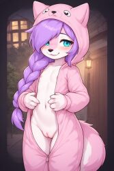 ai_generated anthro blue_eyes braided_hair canine domestic_dog female female_only furry hair_over_one_eye husky nipples pajamas pink_body purple_hair pussy unzipped young