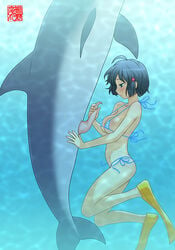 ahoge anus bikini black_hair breasts dolphin female hair_ornament handjob large_breasts large_penis machino_henmaru male penis puffy_nipples sex short_hair straight underwater water zoophilia