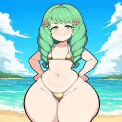 1girls ai_generated beach bottom_heavy fire_emblem fire_emblem:_three_houses flayn_(fire_emblem) golden_bikini hands_on_hips novelai small_breasts smug solo_female thick_thighs wide_hips