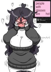 1girls almost_naked almost_nude artist big_breasts big_thighs black_hair blush blush_lines breasts choker closed_eyes curvy curvy_figure cute depressed embarrassed eyebags eyelashes female female_only girlfriend glasses heart heart_eyes katy_(katymoonart) katymoonart lipstick long_hair messy_hair moon no_bra no_panties not_porn oc original original_character oversized_clothes red_face ripped_clothing shy simple_background smile smiling smiling_at_viewer solo solo_female stockings sweater text thighhighs tired_eyes torn_thighhighs twitter twitter_link twitter_user_oc twitter_username white_background white_body