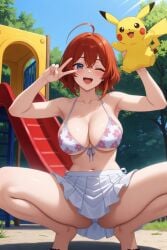 ai_generated big_breasts bikini blue_eyes dinosaur doll exhibitionism female female_only flower_bikini garden looking_at_viewer mini_skirt original_character park pikachu playful plush pokemon pokemon_trainer red_hair skirt smile smiling smiling_at_viewer squatting stuffed_animal stuffed_toy sunny toy victory_pose video_games white_panties white_skirt wink winking winking_at_viewer