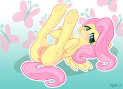 anus blush equine female feral fluttershy_(mlp) friendship_is_magic fur green_eyes hair lying mammal my_little_pony on_back pegasus pink_hair presenting pussy solo syoee_b wings yellow_fur