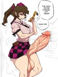 1futa 2d after_cumshot alternate_version_available anger_vein angry angry_expression angry_face balls big_balls big_breasts big_penis breasts brown_eyes brown_hair checkered_skirt clothed clothed_futa cum eddybird embarrassed erect_nipples erection exposed_penis futa_only futanari gritted_teeth hair_bow hand_under_breasts hatate_himekaidou himekaidou_hatate holding_phone huge_balls huge_penis hyper_penis leaking_cum light-skinned_futa looking_at_viewer motion_lines necktie open_mouth outdoors penis penis_bigger_than_arm penis_bigger_than_torso phone phone_charm pointy_ears puffy_short_sleeves purple_nail_polish purple_nails shaded_face shirt side_view sideass simple_background skirt slave_handles solo solo_focus source speech_bubble standing teeth tengu text text_bubble thick_thighs tied_hair tokin_hat touhou twintails