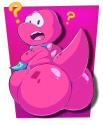 absurd_res accessory anthro anus big_butt butt crossed_arms crossed_legs dinosaur fat gameoverse glitch_productions gobbles_(gameoverse) hi_res looking_at_viewer looking_back male male_only markings mostly_nude necktie necktie_only open_mouth overweight overweight_male pink_body pink_skin prehistoric_species question_mark raised_tail rear_view reptile scalie simple_background sitting solo solo_male spikes spots spotted_body tail tepigfan101 toony