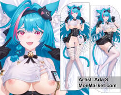 1girls ada_s ai_generated animal_ears barefoot black_gloves blue_eyes blue_hair cat_ears cat_tail catgirl dakimakura dakimakura_design female female_only large_breasts looking_at_viewer mint mint_(neverness_to_everness) moemarket neverness_to_everness pussy solo white_thighhighs
