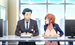 1girls ai_generated casual casual_nudity encoder female partially_clothed partially_nude public office office_lady office_clothing braless no_bra indoors business_suit breasts computer cityscape nipples 1boy male window open_clothes sitting table breasts_on_table