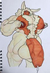 absurd_res anthro big_muscles big_penis chest_tuft fluffy genitals hi_res huge_muscles huge_penis hyper hyper_genitalia hyper_muscles hyper_penis koyo_the_werebun lagomorph looming low-angle_view male mammal muscular nipple_piercing nipples penis piercing presenting raliphoul_m-e-v solo standing traditional_media_(artwork) tuft vein veiny_penis