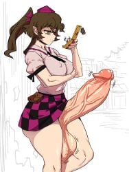 1futa 2d alternate_version_available balls big_balls big_breasts big_penis breasts brown_eyes brown_hair checkered_skirt closed_mouth clothed clothed_futa eddybird erect_nipples erect_penis erection exposed_penis futa_only futanari hair_bow hand_under_breasts hatate_himekaidou himekaidou_hatate holding_phone huge_balls huge_penis hyper_penis light-skinned_futa looking_at_phone motion_lines necktie outdoors penis penis_bigger_than_arm penis_bigger_than_torso phone phone_charm pointy_ears precum puffy_short_sleeves purple_nail_polish purple_nails shirt side_view sideass simple_background skirt slave_handles solo solo_focus source standing tengu thick_thighs tied_hair tokin_hat touhou twintails twitching twitching_penis typing