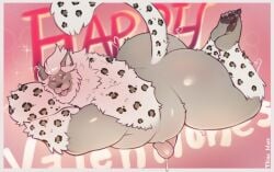 anthro beard belly big_belly big_butt blush bodily_fluids butt facial_hair felid final_fantasy final_fantasy_xiv genital_fluids genitals hi_res holidays hrothgar leaking_precum legs_up leopard_spots looking_at_viewer lying male mammal on_front one_eye_closed pawpads penis precum raised_tail smile solo spots square_enix tail thick_thighs tilionmaia tongue tongue_out valentine's_day wink winking_at_viewer