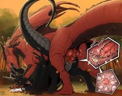 animal_genitalia arthropod bastille_(kori) beetle belly bite black_body black_scales bodily_fluids clitoris cloaca cloacal cloacal_penetration cloacal_penis cum cum_in_cloaca cum_in_uterus cum_inside doggystyle dominant dominant_male dragon duo elateroid emptyinside european_mythology female female_feral feral feral_on_feral feral_penetrated feral_penetrating firefly forest_background from_behind_position genital_fluids genitals glowing glowing_body glowing_scales grass green_eyes grey_belly hi_res horn impregnation impregnation_view insect internal knot knotted_penis lominloce looking_pleasured love_bite male male/female male_feral membrane_(anatomy) membranous_wings mythological_creature mythological_scalie mythology neck_bite onomatopoeia orange_eyes painted_arm penetration penis plant raised_tail red_body red_scales ridged_penis saliva scales scalie sex sound_effects submissive submissive_female tail teeth text tongue tongue_out uterus vertical_cloaca western_dragon wings