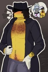 1boy body_hair bulge collar covered_eyes dream_game eunoia fedora forsaken_(roblox) gloves h4llx hat imagining looking_away mafioso_(forsaken) male_only mostly_clothed roblox roblox_game robloxian self_upload tagme