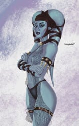 1girls aayla_secura alien_girl bikini_bottom blue_skin blush brown_eyes dancer_outfit female female_only femsub fishnets harem_girl harem_outfit headwear jedi large_breasts see-through_clothing slave slave_collar slave_girl slave_outfit star_wars sticky_goblin submissive_female twi'lek