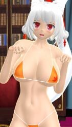 2025 3d arms_up big_breasts bikini blush books bookshelf breaste breasts cleavage female female_only hat hati_yukkuri_mmd headwear hips indoors kemonomimi light-skinned_female looking_at_viewer midriff mikumikudance mmd momiji_inubashiri navel open_mouth orange_bikini red-eyed_female short-haired_female swimsuit tail tengu touhou waist white-haired_female youkai