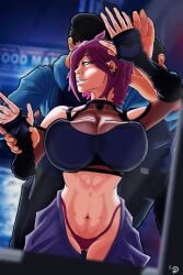 pink_hair short_hair police against_glass big_breasts abs wardrobe_malfunction thong yellow_eyes big_thighs tomboy tomboy_dominated arrest arrested neneefthy