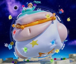 3d ass ass_expansion ass_inflation belly belly_expansion belly_inflation belly_squish big_breasts blender blue_dress bottom_heavy breasts dialogue dress inflation luma mario_(series) maskedtreasure monobutt navel panties pear-shaped_figure princess_rosalina squishing_belly star_bits star_panties stuck super_mario_galaxy