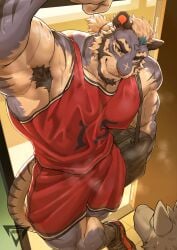 estper bluedy_(estper) canid canine felid feline mammal pantherine tiger 2026 absurd_res artist_logo hi_res anthro arm_above_head armpit_hair basketball_uniform beard biceps black_hair blue_body blue_fur blue_highlights bodily_fluids body_hair bottomwear clothed clothing crossed_legs doorway duo facial_hair footwear fur gym_bag hair highlights_(coloring) logo male muscular muscular_anthro muscular_male pink_nose ponytail red_bottomwear red_clothing red_footwear red_jersey red_shirt red_shoes red_shorts red_sneakers red_tank_top red_topwear shirt shoes short_ponytail shorts sneakers solo sportswear standing striped_body striped_fur stripes sweat sweaty_body tail tank_top topwear uniform white_body white_fur white_hair