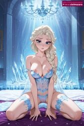 1girl ai_assisted ai_generated bare_shoulders barefoot blonde_hair blue_eyes blush braid breasts cameltoe cleavage collarbone disney disney_princess elsa elsa_(frozen) female female_only frozen frozen_(film) frozen_2 full_body hair_over_shoulder ice indoors kneeling large_breasts lingerie long_hair looking_at_viewer makeup navel nipples panties parted_lips princess see-through single_braid snowflakes solo stelmazura strap_slip underwear