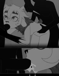 2d_animation ambiguous_penetration animated anthro balls bent_over bodily_fluids bovid breasts caprine close-up comic corruption cum cum_drip digital_media_(artwork) dripping erection eslem_(kuhlzull) fellatio female fluffy fluffy_chest fur genital_fluids genitals goat grabbing_from_behind grabbing_waist greyscale group group_nudity group_sex gynomorph hair hi_res horn horn_grab intersex intersex/female kuhlzull looking_up looking_up_at_partner mammal monochrome multiple_angles multiple_panel nude oral penetration penile penis sex short_hair side_view simple_background spitroast sucking tail threesome trio