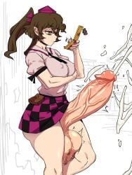 1futa 2d alternate_version_available balls balls_clench big_balls big_breasts big_penis breasts brown_eyes brown_hair casual casual_ejaculation checkered_skirt clenched_balls closed_mouth clothed clothed_futa cum cumming cumshot eddybird erect_nipples erection exposed_penis expressionless futa_only futanari hair_bow hand_under_breasts hatate_himekaidou himekaidou_hatate holding_phone huge_balls huge_penis hyper_penis light-skinned_futa looking_at_phone motion_lines necktie outdoors penis penis_bigger_than_arm penis_bigger_than_torso phone phone_charm pointy_ears puffy_short_sleeves purple_nail_polish purple_nails shirt side_view sideass simple_background skirt slave_handles solo solo_focus source standing tengu thick_thighs tied_hair tokin_hat touhou twintails twitching twitching_penis typing