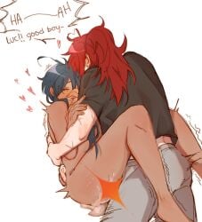 anal anal_sex blue_hair colored diluc_(genshin_impact) english_text gay gay_anal gay_male gay_sex genshin_impact heart hugging_partner kaeya_(genshin_impact) legs_around_partner male male/male male_focus male_only male_penetrated male_penetrating male_penetrating_male naked red_hair sex size_difference standing_sex sworn_brothers tan_body tan_skin tanned_male yaoi