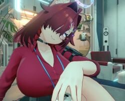 1girls 3d aurievermillionvt beer female female_only glasses head_tilt knees large_breasts office_lady pink_eyes pov red_hair smile vrchat vtuber