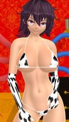 2025 3d armwear big_breasts bikini blush breasts clavicle cleavage cow_print cow_print_bikini female female_only hand_on_panties hati_yukkuri_mmd hips indoors legwear looking_at_viewer midriff mikumikudance mmd navel nue_houjuu open_mouth pink-eyed_female short-haired_female swimsuit touhou unusual_wings waist wings youkai