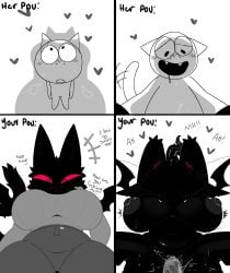 animal_ears anthro areola awe belly big_breasts black_areola black_belly black_body black_breasts black_ears black_fur black_nipples black_tail black_tongue black_wings blush blush_lines bodily_fluids breast_awe breasts breath cat_tail clitoral_hood clothed clothing cute dialogue dripping drool drooling duo enjoying felid feline female fur genital_fluids genitals happy heart_reaction hi_res huge_size_difference in_awe insult leg_grab long_tongue looking_at_another looking_at_viewer looking_down looking_up lying male mammal membrane_(anatomy) membranous_wings mesmerized navel nipples nude on_back onomatopoeia open_mouth penetration penis pleasured red_eyes saliva saliva_drip saliva_on_tongue saliva_string shadow shit_talking size_difference snazzle_snapp sound_effects spread_legs spreading standing steamy_breath sweat sweaty_face tail talking talking_to_another text tongue vaginal vaginal_fluids vaginal_fluids_on_penis vaginal_penetration wings
