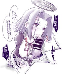 blush breasts censored fellatio female fujii_jun gloves handjob kantai_collection mechanical_halo open_mouth oral penis purple_eyes purple_hair short_hair smile solo_focus straight tatsuta_(kantai_collection) teasing text tongue translation_request