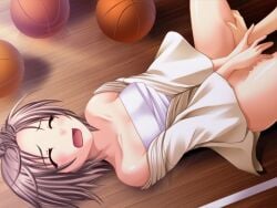 1boy 1girl 2000s_(style) ^_^ ball bare_shoulders basketball_(object) blush bottomless breasts brown_hair censored chest_sarashi closed_eyes collarbone covering_privates dougi embarrassed from_above fumizuki_yukari futaba_aoi_(hara_hara!!) game_asset grabbing_another's_leg hara_hara!! lying medium_breasts mosaic_censoring non-web_source on_back open_mouth pussy raised_inner_eyebrows sarashi school_gym self-datamine short_hair smile spread_legs tearing_up variant_set wide_sleeves wooden_floor