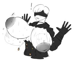 big_breasts blindfold breast_expansion breasts breasts_out chocobodie clothing genderswap genderswap_(mtf) growing_out_of_clothes huge_breasts monochrome nier nier:_automata nipples ripped_clothing short_hair solo torn_clothes transformation white_background white_hair yorha_9s