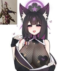 1girl big_breasts blue_archive female female_only fox_ears fox_girl halo long_hair ninja reference_image silenzuka solo solo_female text wakamo_(blue_archive)