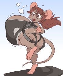 2022 anthro balancing_on_foot barely_visible_areola big_breasts black_bra black_clothing black_hairband black_sports_bra black_underwear bodily_fluids bra breasts breath brown_body brown_eyewear brown_fur brown_glasses brown_hair brown_tail buckteeth clothing controller exercise exercise_mat eyewear feet female fluffy_fur flying_sweatdrops frown fur game_controller gaming glasses glasses_askew gradient_background hair hi_res holding_controller holding_object huge_breasts hyper hyper_breasts joycon_controller leg_strap mammal motion_lines mouse murid murine nintendo nintendo_controller nintendo_switch nipple_outline open_frown open_mouth pink_feet pink_hands pink_inner_ear pink_nose polyalloys ponytail ring-con ring_fit_adventure rodent round_glasses simple_background solo sports_bra supporting_breasts sweat sweatdrop tail tapering_tail teeth under_boob underwear wearing_glasses worried