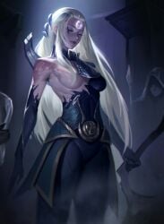 1girls armpit_crease artist_request closed_eyes curvaceous curvaceous_body curvaceous_female curvaceous_figure diana_(league_of_legends) female female_focus female_only hair_covering_breasts hair_over_breasts highres league_of_legends long_hair riot_games ripped_clothing scars solo solo_female solo_focus white_hair