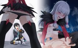 1boy 1girl :o absurdres agria_(tales) ass assertive_female backless_dress backless_outfit black_coat black_hair black_panties black_thighhighs blunt_bangs blush boots breasts closed_eyes clothed_female_nude_male clothed_sex coat commission dress exposed_back feather_trim femdom freckles from_behind girl_on_top gloves hair_rings hand_up hetero highres instant_loss jude_mathis kukiyuusha long_hair long_sleeves low-tied_sidelocks miniskirt motion_lines navel nude open_mouth panties panty_pull penis purple_eyes pussy pussy_juice scared sex short_hair sidelocks skirt small_breasts smile squatting_cowgirl_position steam straddling tales_of_(series) tales_of_xillia thighhighs trembling underwear vaginal white_hair