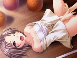 1boy 1girl 2000s_(style) ball bare_shoulders basketball_(object) blush bottomless breasts brown_eyes brown_hair censored chest_sarashi collarbone covering_privates dougi embarrassed from_above fumizuki_yukari futaba_aoi_(hara_hara!!) game_asset grabbing_another's_leg half-closed_eye hara_hara!! lying medium_breasts mosaic_censoring non-web_source on_back one_eye_closed open_mouth pussy raised_inner_eyebrows sarashi school_gym self-datamine short_hair spread_legs tearing_up variant_set wide_sleeves wooden_floor