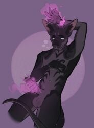 absurd_res anthro balls black_body black_fur blue_eyes blue_sclera casting_spell disembodied_hand dungeons_and_dragons erection felid fur genitals ghost_hand grey_body grey_fur grey_markings hasbro hi_res horn mage_hand magic magic_user male mammal markings nonbinary_(lore) penis portrait riddle_(tabaxienthusiast) solo strayserval tabaxi tail three-quarter_portrait wizards_of_the_coast