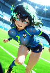 ai ai-created ai_art ai_generated big_breasts black_hair blue_eyes blue_lock curvy_body curvy_female curvy_figure cute_face cute_female cute_girl female female_focus female_only genderswap isagi_yoichi nipples nipples_visible_through_clothing pink_nipples rule_63 soccer_uniform unknown_artist wide_hips wide_thighs