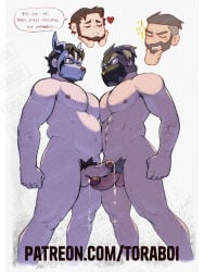 2boys abs ass bara belly biceps closed_eyes dog_mask english_commentary english_text grin heart highres looking_at_another male_focus multiple_boys muscular muscular_male navel nipples patreon_username pectorals penis plump pokemon precum professor_birch professor_turo smile speech_bubble testicles toraboi yaoi