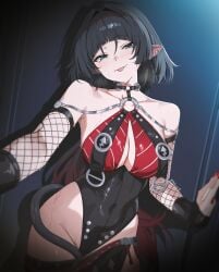 1girl :p absurdres animal_ears bare_shoulders black_hair breasts clothing_request collarbone commentary covered_navel female female_only green_eyes groin highleg highres jane_doe_(nocturne_of_light)_(zenless_zone_zero) jane_doe_(zenless_zone_zero) large_breasts long_hair looking_at_viewer mouse_ears mouse_girl nail_polish nvl official_alternate_costume red_nails smile solo sweat tongue tongue_out very_long_hair zenless_zone_zero